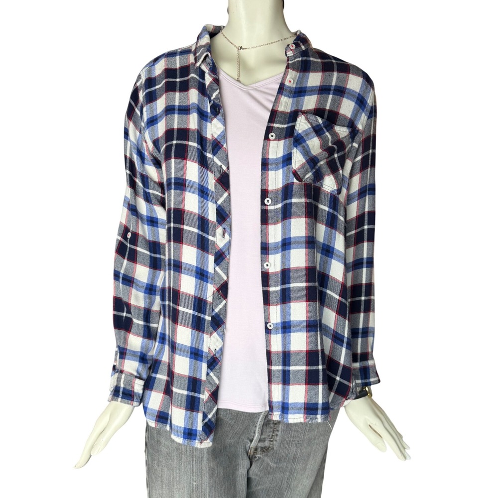 Kenneth Cole Plaid Button Down Shirt 100% Rayon Blue White Red Grunge Cowgirl L